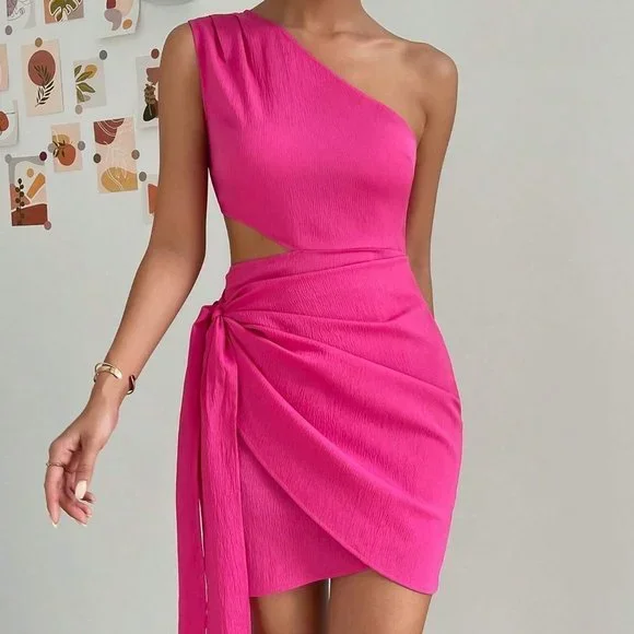 Pink Preppy Womens One Shoulder Cut Out Knot Side Wrap Hem Dress - Picture 2 of 5